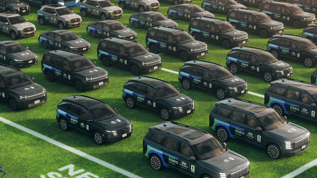 Hyundai mobility fleet and Boston Dynamics Spot robot at FIFA World Cup 2026 stadium — AI-generated illustration