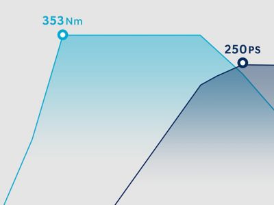 Infographic met het koppel van 353 Nm en het vermogen van 250 pk.