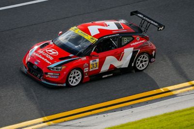  A picture of Hyundai Motorsport’s i30 Veloster N TCR in action on a racetrack shown from above.	