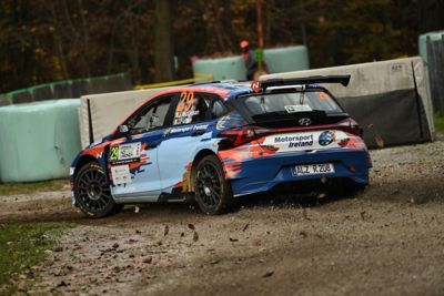 Hyundai Motorsport customer steering a Hyundai i20 N Rally2 into a curve