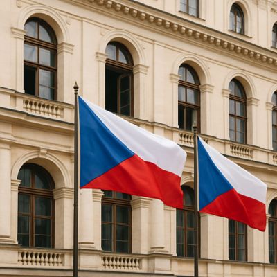 Historická budova a dvě české vlajky.