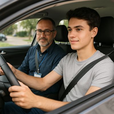 Instruktor s žákem autoškoly jedoucí se vozidle.