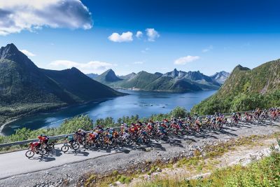 Arctic Race of Norway 2025 – en lang rekke syklister. Foto.