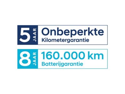 Logo van Hyundai 5 jaar onbeperkte kilometer garantie en 8 jaar batterij garantie.