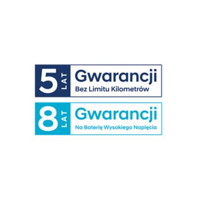 Logo „5 lat gwarancji bez limitu kilometrów” i „8 lat gwarancji na akumulator