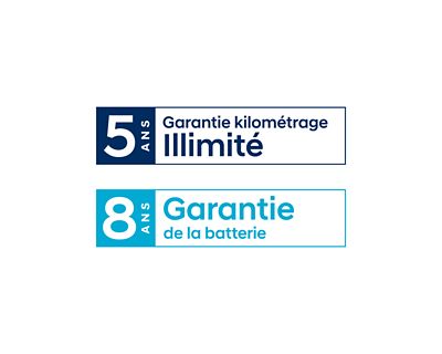 Logo de la garantie 5 ans kilométrage illimité et de la garantie 8 ans de la batterie par Hyundai.