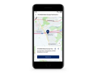 Detail aplikace Hyundai Bluelink s funkcí Cíl cesty odeslaný do vozu na obrazovce.