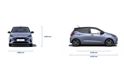 Technical drawing of the Hyundai i10 showing the exterior dimensions.