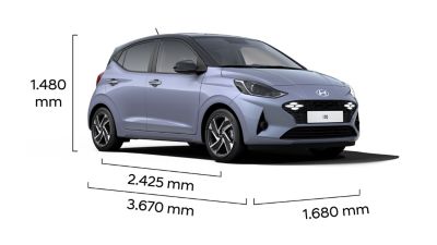 Technical drawing of the Hyundai i10 showing the exterior dimensions.