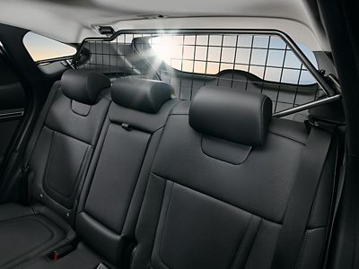 Rückbank eines Hyundai Fahrzeugs mit eingebautem Kofferraum-Trenngitter.