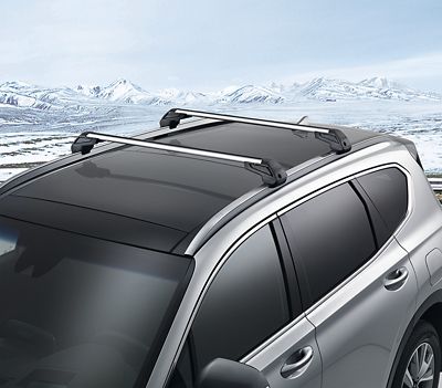 Dachträger auf einem Hyundai vor einer Winterlandschaft im Hintergrund.