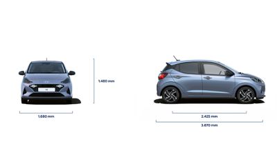 Technical drawing of the Hyundai i10 showing the exterior dimensions.