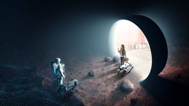 Astronaut on foreign planet in front of spacetime portal light. Science fiction universe exploration. 3D render