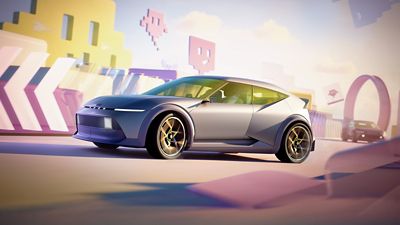 Hyundai Concept THREE driving on a futuristic track with colorful block-like structures and pixel art graphics in the background.