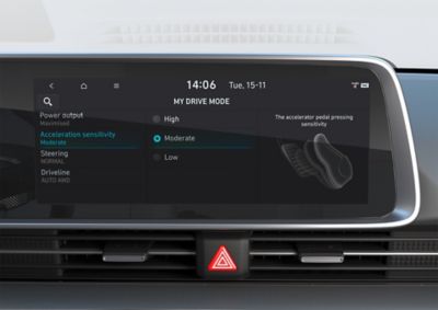 The IONIQ 6 12.3” infotainment touchscreen showing Acceleration sensitivity.