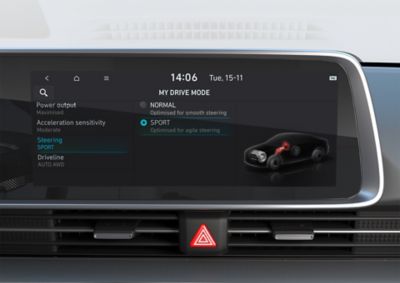 The IONIQ 6 12.3” infotainment touchscreen showing Steering modes.