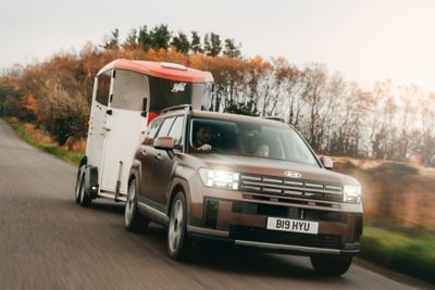 Hyundai SANTA FE towing a horsebox on the road.