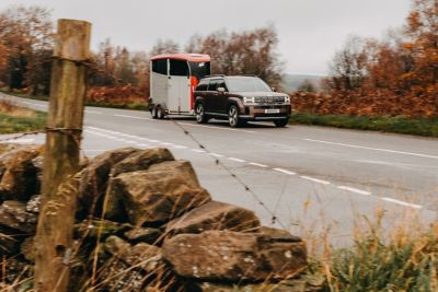 Hyundai SANTA FE towing a horsebox on the road.