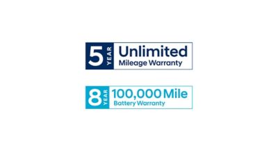 5 year Unlimited Mileage Warranty logo and 8 year Battery Warranty logo.