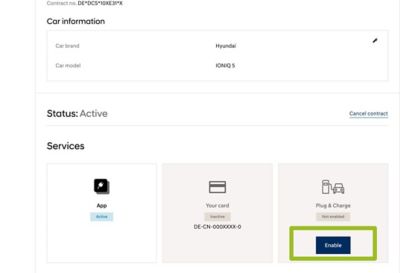 Screenshot showing you how to Enable Plug & Charge in Charge myHyundai.