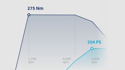 Infographic met het koppel van 275 Nm en het vermogen van 204 pk.