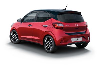 The new Hyundai i10 in red with a Phantom Black styling kit accessory.