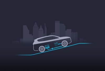 Souběžná činnost elektromotoru a zážehového motoru nového modelu Hyundai Santa Fe Plug-in Hybrid.