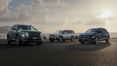 Trois SUV Hyundai sont garés au premier plan d'une baie montagneuse : Tucson, Kona et Santa Fe.