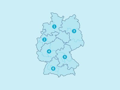 Deutschlandkarte mit Unterteilung in sechs Regionen 