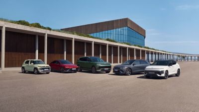 Zwei elektrifizierte Hyundai Leasing-Modelle für Gewerbekunden stehen vor einem Wohnhaus.