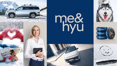 Me&Hyu - Collage aus Wintermotiven und Hyundai Zubehörangeboten für die Wintersaison..