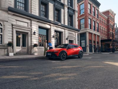 Name reveal of the Hyundai IONIQ 3 on a red background.