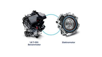 Der 1.6 T-GDI Benzinmotor und der Elektromotor des Hyundai SANTA FE Hybrid. 