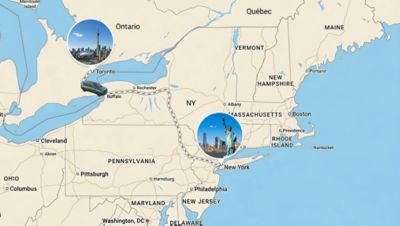 Eine Karte von Amerika, auf der ein Weg von Toronto nach New York eingetragen ist.