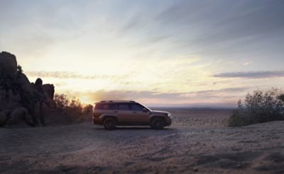Ein Hyundai SANTA FE, von der Seite gesehen, parkt bei Sonnenaufgang auf einem Strand. 