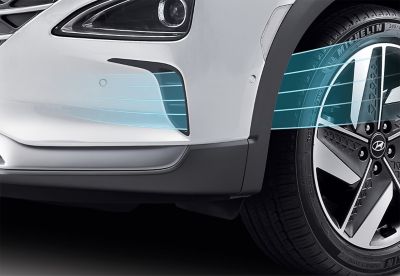 Detailansicht der vorderen Lufteinlässe des Hyundai NEXO mit Darstellung des Luftstroms.