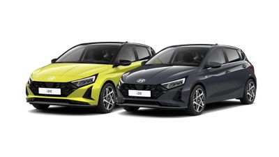 Zwei Hyundai i20 in den aufpreispflichtigen Farben Lucid Lime und Phantom Black.