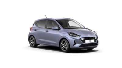 The Hyundai i10 in front-sideview featuring new grille and LED headlight design.