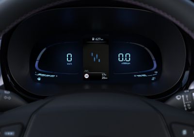 The fully digital LCD cluster inside of the Hyundai i10.