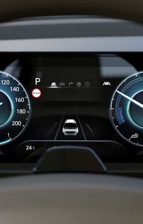 Closeup of the digital cluster of the new Hyundai INSTER small electric car.