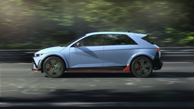 The all-electric Hyundai IONIQ 5 N on a racetrack. 