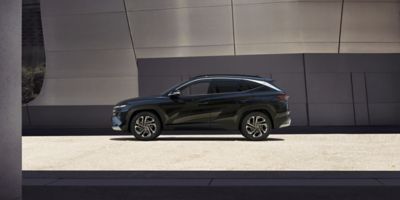A blue Hyundai TUCSON Hybrid parked outside a house with a garden.