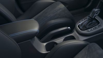 Detail of the Performance Blue accent stitching throughout the cockpit inside the Hyundai i30 N