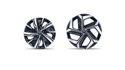 The 17" and 19" alloy wheels of the all-new Hyundai Tucson Hybrid compact SUV.