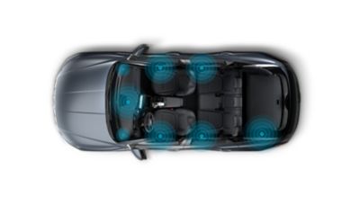 De Hyundai TUCSON Plug-in Hybrid van bovenaf gezien met gemarkeerde positie van de hoogwaardige luidsprekers en de subwoofer. 