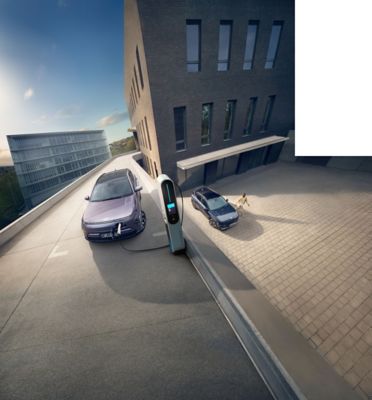 The Hyundai IONIQ 5, KONA Electric, TUCSON and SANTA FE Plug-in Hybrid all parked together.	