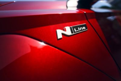 Close up of the N Line badge on a new i30 Fastback N Line.