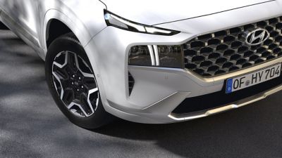 Un grupo de amigos hablando junto al nuevo Hyundai SANTA FE Híbrido Enchufable de 7 plazas.