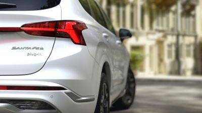 The Hyundai Santa Fe Plug-in Hybrid 7 seat SUV showing its new taillight design.