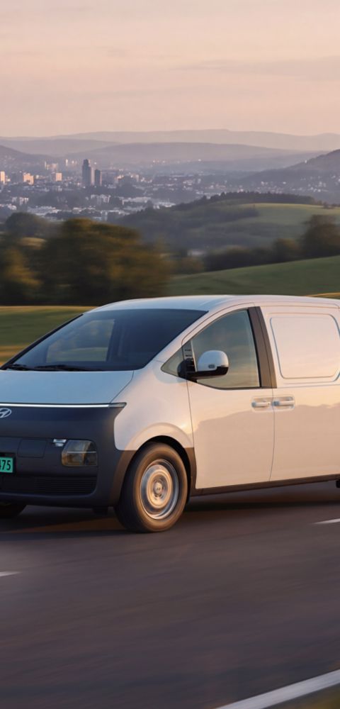 Hyundai STARIA Electric Varebil electric kjørernde på en landevei. foto.